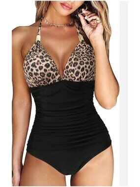Women’s Med Leopard Print Halter One-Piece Swimsuit Ruched Tummy Control Sexy
